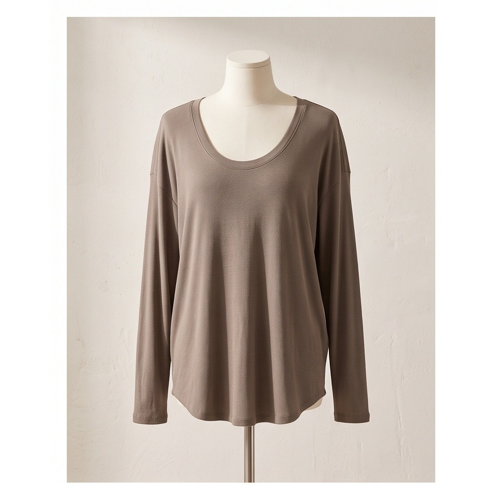 Athleta L Women Brown Renew Ribbed Long Sleeve Scoop Neck Top Large